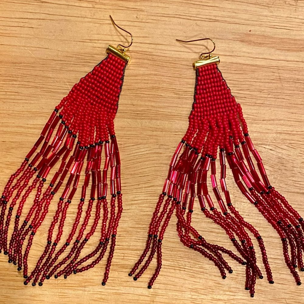 Long Flame Red Beaded Earrings